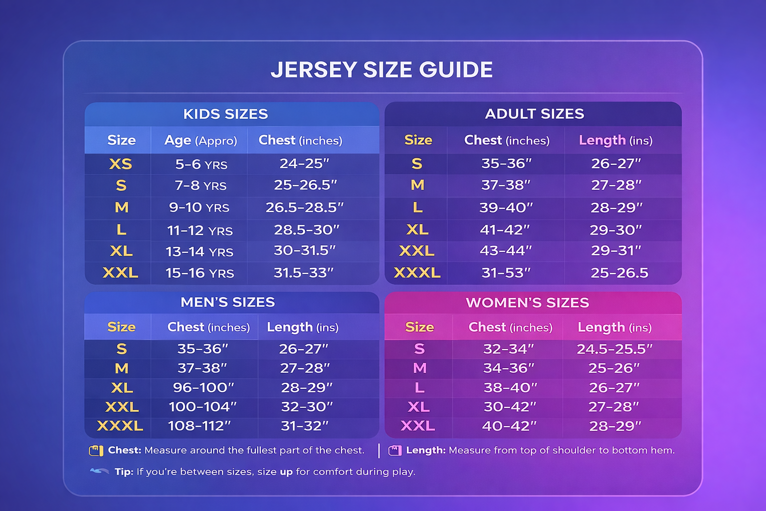 Jersey Size Guide